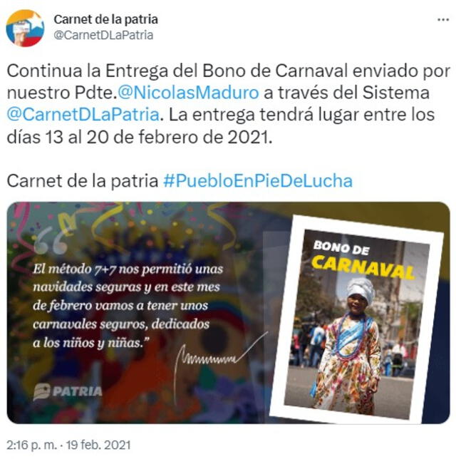  Carnet de la Patria informa de la distribución de este bono en febrero del 2021. Foto: CarnetDLaPatria/ Twitter   