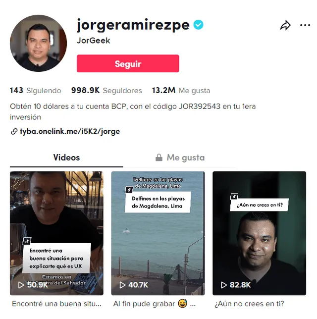 Jorge Ramírez acumula casi un millón de seguidores en sus redes sociales. Foto: captura/TikTok   