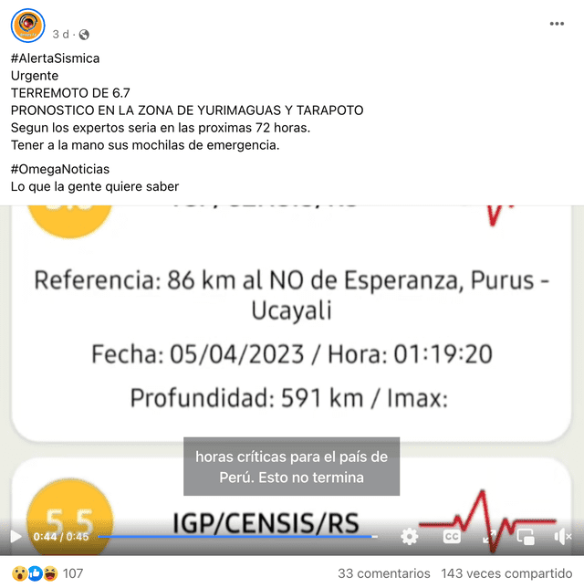 <br>Video de supuesta alerta de terremoto de 6.7 en el país alcanzó miles de visualizaciones cada vez que fue compartido en la red social Facebook. Foto: captura LR/Facebook   