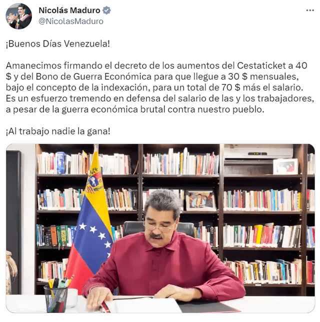 Nicolás Maduro publicó un tuit para oficializar los nuevos aumentos de los beneficios sociales. Foto: Twitter/NicolasMaduro   