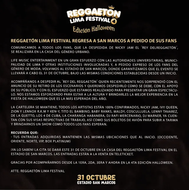 Reggaeton Lima Festival dio importante anuncio mediante sus redes sociales. Foto: Facebook   