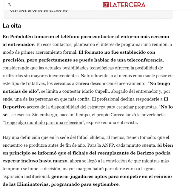  La Tercera sobre el interés de Chile por Gareca. Foto: captura web.   