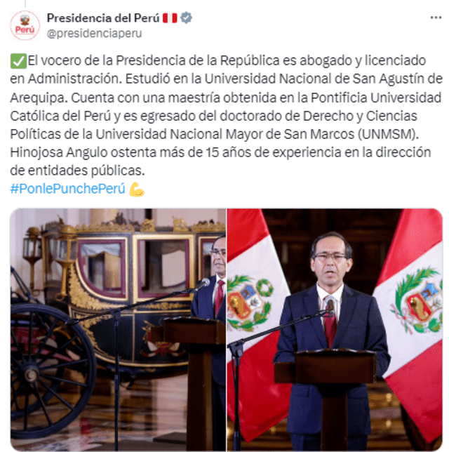  Presidencia de la República hizo pública la designación del nuevo vocero del Ejecutivo a través de sus redes sociales. Foto: Presidencia del Perú    