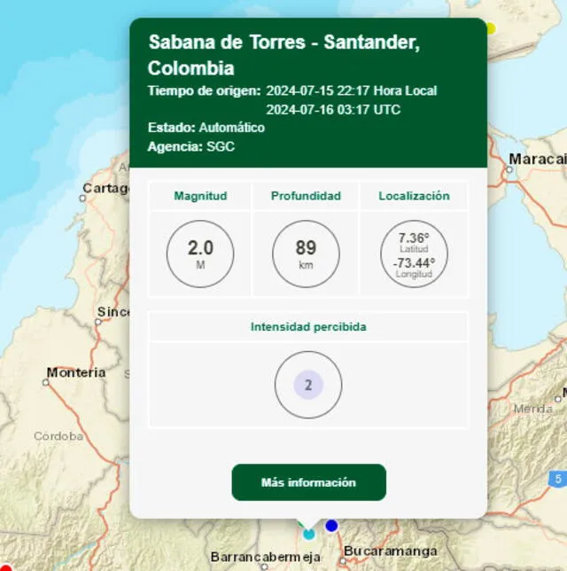 Último temblor hoy en Colombia. Foto: SGC 