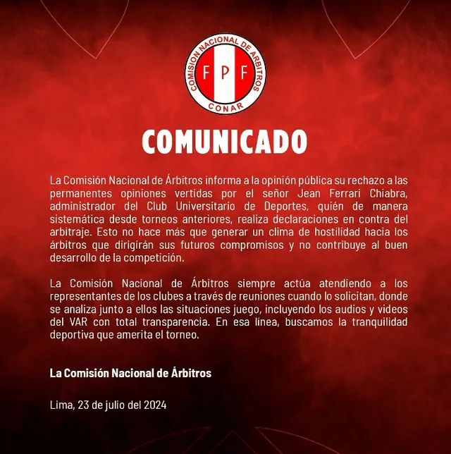 Comunicado oficial de la Conar. Foto: Conar.peru/Instagram   