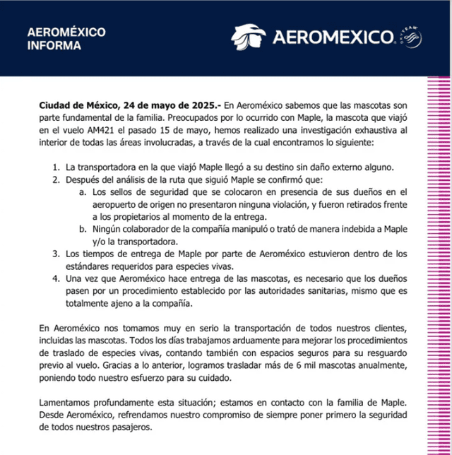Comunicado de Aeroméxico tras las acusaciones de los dueños de Maple. | Aeroméxico Comunicado de Aeroméxico tras las acusaciones de los dueños de Maple. | Aeroméxico