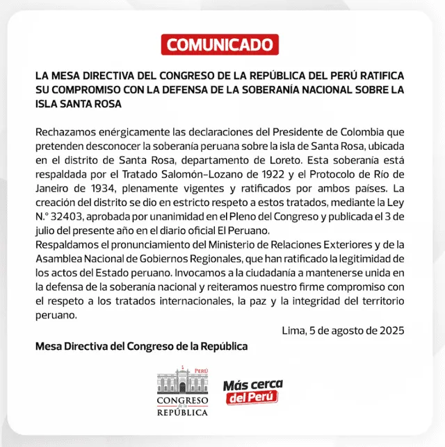 Comunicado de la Mesa Directiva del Congreso. Foto: Congreso   
