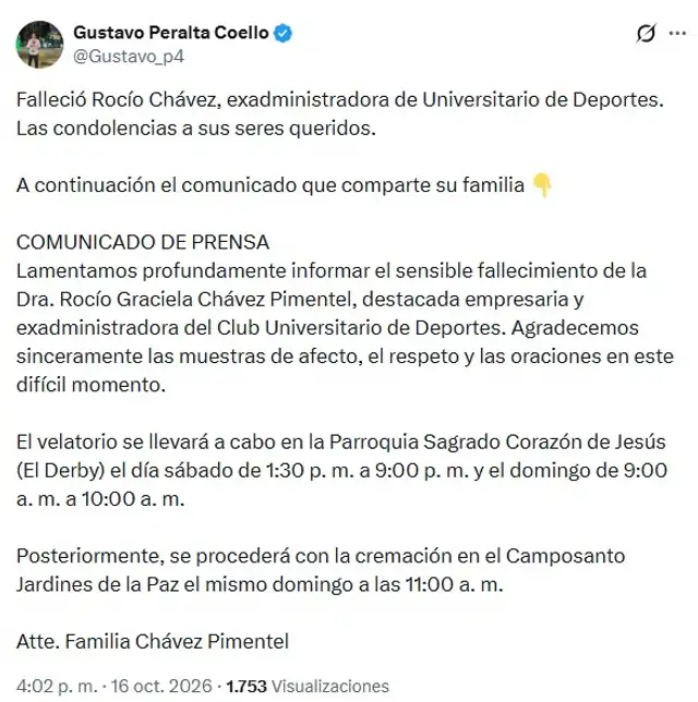 Gustavo Peralta confirmó el fallecimiento de la exadministradora de Universitario. Foto: Gustavo Peralta/X Gustavo Peralta confirmó el fallecimiento de la exadministradora de Universitario. Foto: Gustavo Peralta/X
