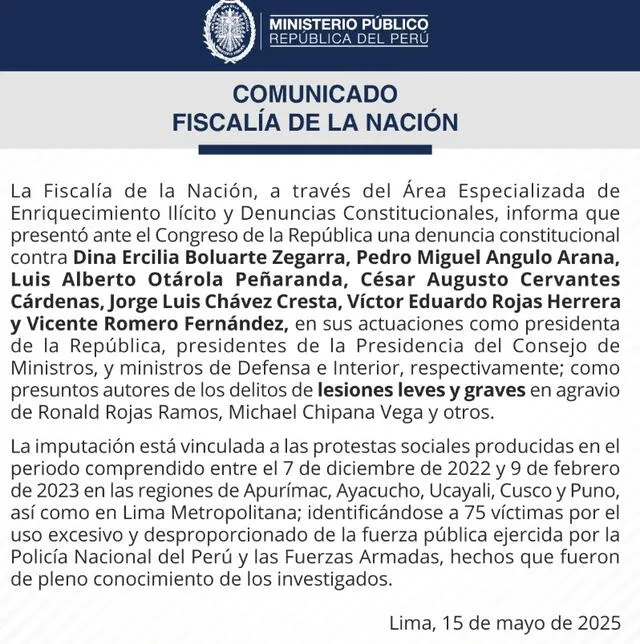 Official statement from Peru’s Public Ministry announcing the constitutional complaint against President Dina Boluarte and former ministers for injuries during recent protests. Photo: Diffusion Official statement from Peru’s Public Ministry announcing the constitutional complaint against President Dina Boluarte and former ministers for injuries during recent protests. Photo: Diffusion