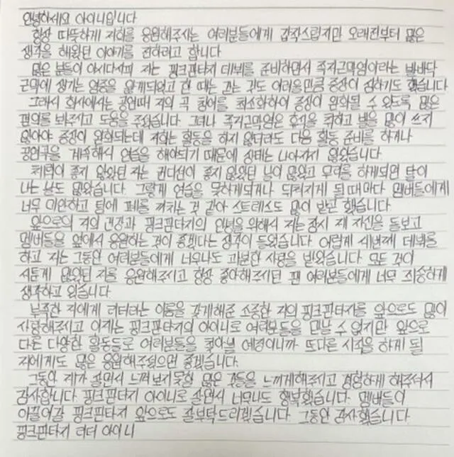 Carta escrita por Aini explicando su salida del grupo K-Pop Pink Fantasy. Fancafe, 12 de abril del 2020.