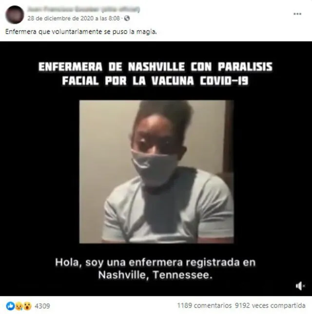 Una mujer dice que es enfermera de Tennessee y que contrajo parálisis de Bell por la vacuna de la COVID-19. Foto: captura en Facebook.
