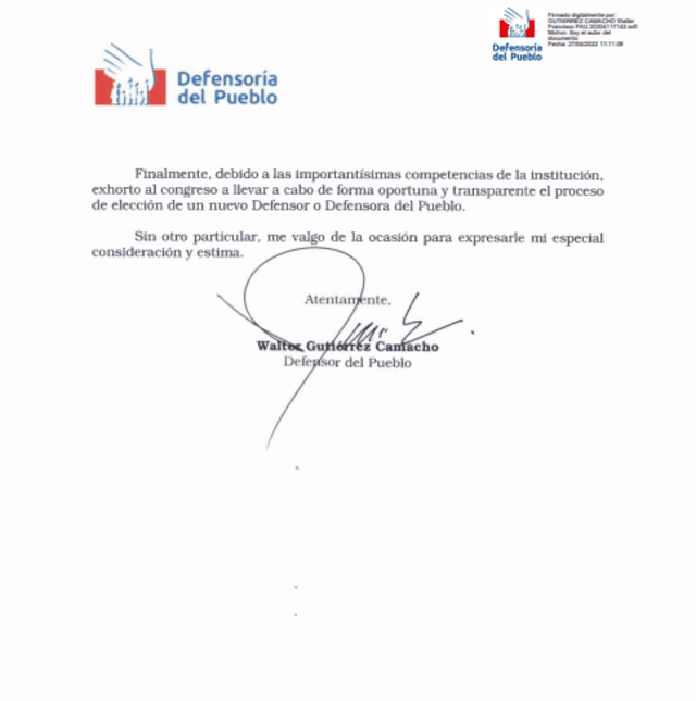 Carta de renuncia de Walter Gutiérrez