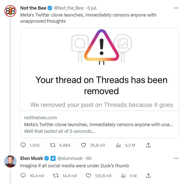 Elon Musk cuestiona políticas de Threads, al app de Mark Zuckerberg que compite con Twitter