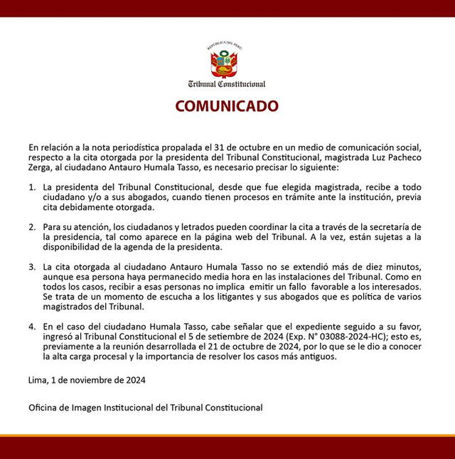 Comunicado del Tribunal Constitucional. Foto: TC    