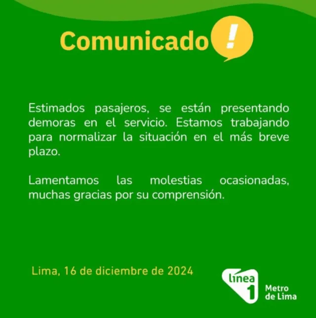 Comunicado Línea 1 Metro de Lima. Foto: Línea 1   