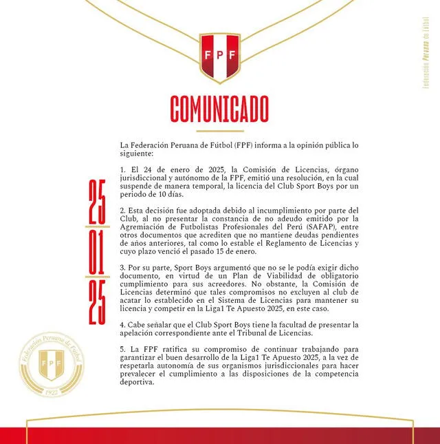  Comunicado de la Federación Peruana de Fútbol. Foto: FPF   