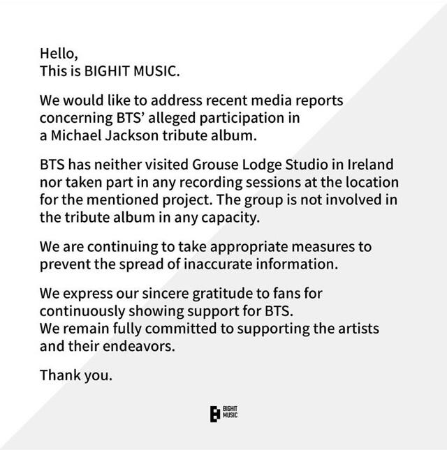 Con este comunicado, BTS descarta su participación en el proyecto tributo a Michael Jackson. Foto: Twitter.   