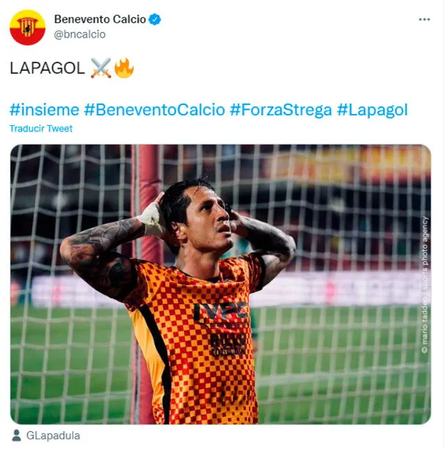 Post de Benevento sobre Gianluca Lapadula. Foto: Twitter Benevento