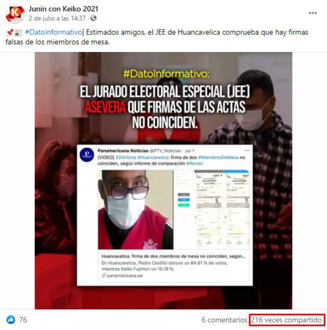Imagen viralizada donde afirma que el JEE de Huancavelica comprueba firmas falsas de miembros de mesa. FOTO: Captura Facebook.