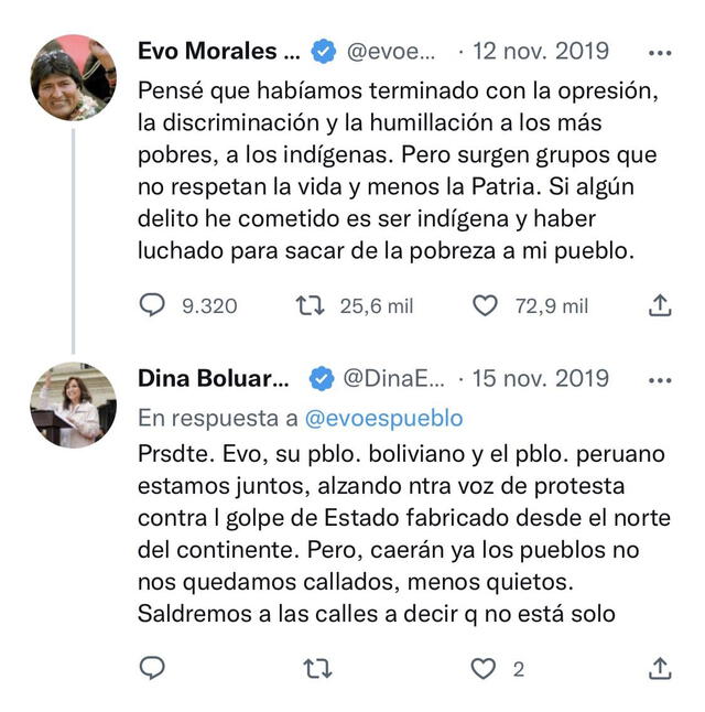 Evo Morales le recuerda el cambio de postura de Dina Boluarte. Foto: @evoespueblo / Twitter