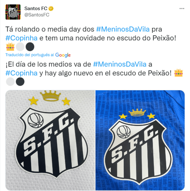 Publicación del Santos sobre el escudo de Pelé. Foto: Captura Santos/Twitter