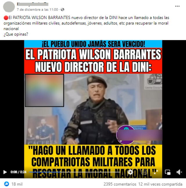 Según un post, el video muestra a Barrantes, como director de la DINI, llamando a rescatar la moral nacional en 2022. Foto: captura en Facebook.