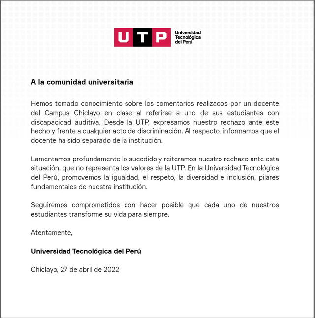 Comunicado de la UTP sobre el caso de discriminación