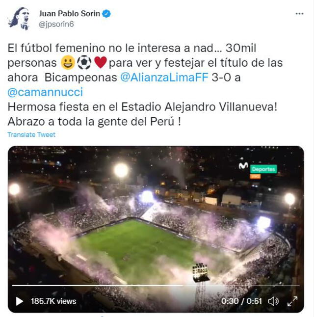 Publicación Juan Pablo Sorín sobre Alianza Lima. Foto: captura Twitter