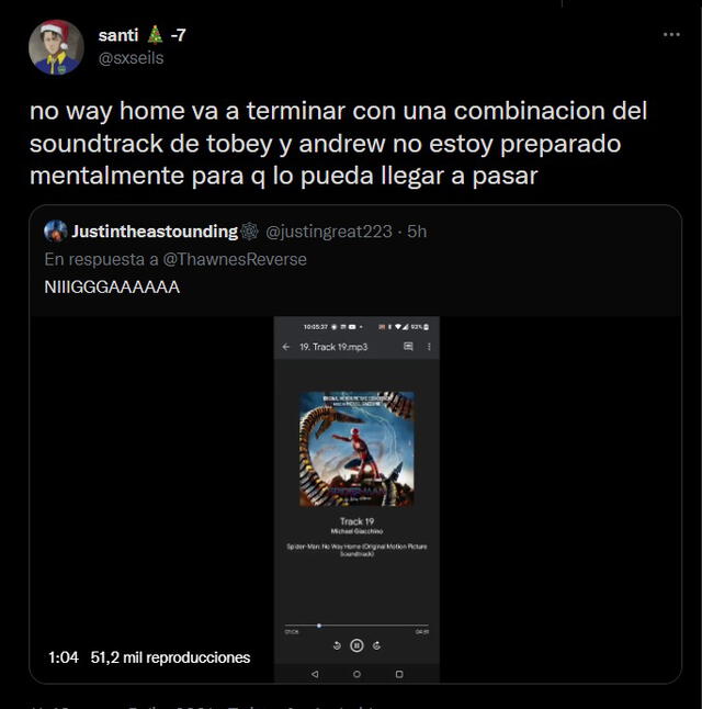 Usuarios de Twitter conmovidos por soundtrack filtrado de No way home. Foto: captura de Twitter