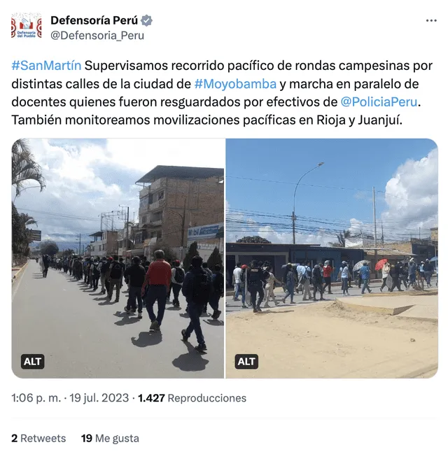 En la región de San Martín, sí hubo protestas. Foto: captura/Defensoria_Peru/Twitter    