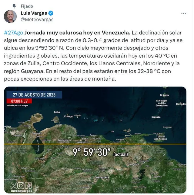 Luis Vargas reporta jornada calurosa en Venezuela en uno de sus reportes para X. Foto: captura/@Meteovargas/X<br><br>    