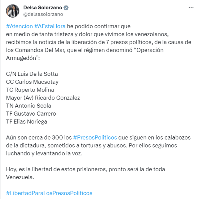 La candidata opositora añadió que se espera la liberación de aproximadamente 300 presos políticos más. Foto: Delsa Solorzano/X