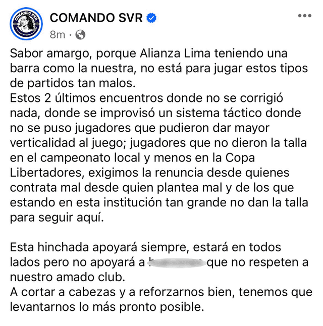 Comunicado Comando Sur sobre Alianza Lima.<strong> Foto: Comando Sur</strong>   