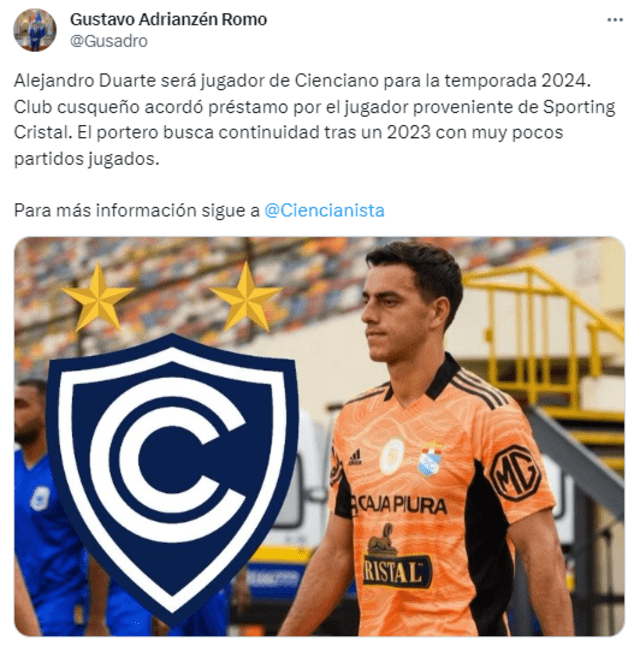Alejandro Duarte sería nuevo jugador de Cienciano. Foto: captura de X   