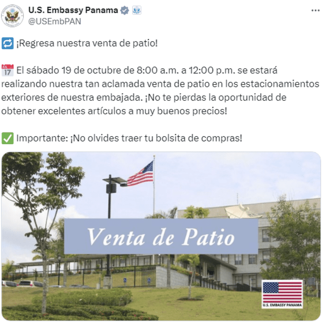 La embajada de Estados Unidos ofrece venta de patio. Foto: embajada de Estados Unidos en Panamá