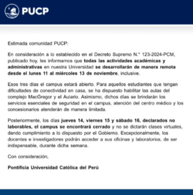 PUCP acatará las medidas dictadas por el Gobierno para la semana de la cumbre APEC 2024. Foto: PUCP   