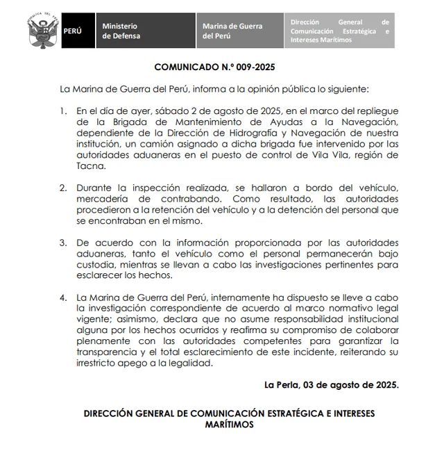  Comunicado MGP. Foto: Ministerio de Defensa - Marina de Guerra del Perú   