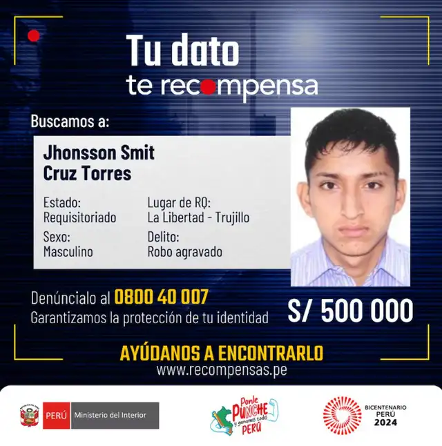 La policía ha ofrecido medio millón de soles por él. Foto: PNP.   