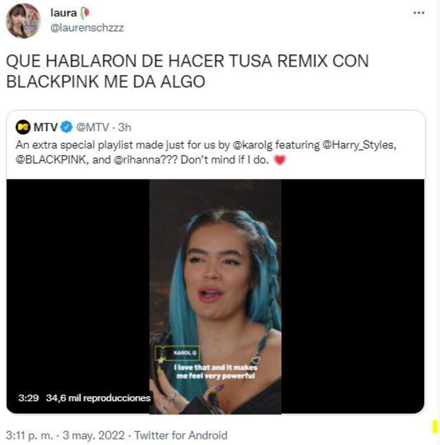 Fans apoyan colaboración de BLACKPINK y Karol G. Foto: MTV