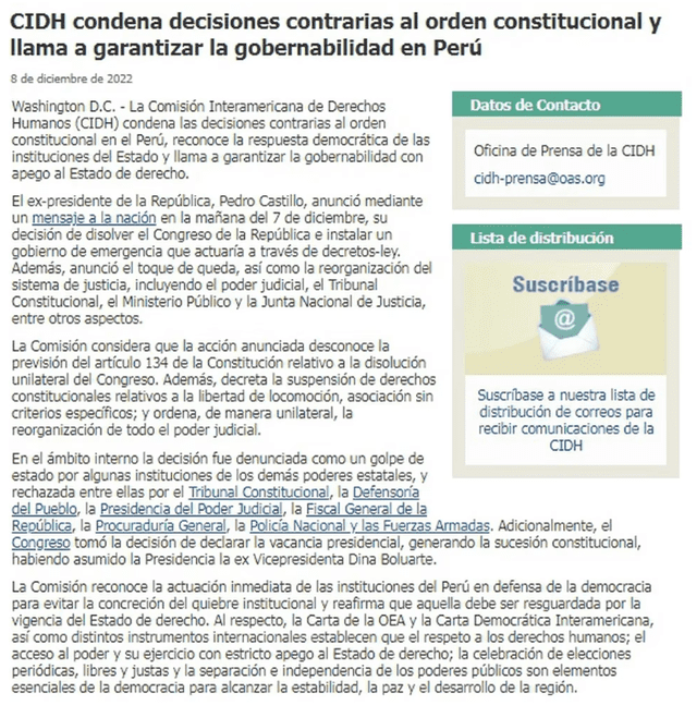 Pronunciamiento de la CIDH sobre la pretensión inconstitucional del ex jefe de Estado peruano. Foto: captura de pantalla/CIDH   