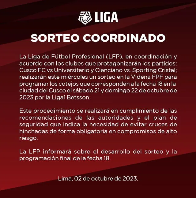 Comunicado oficial. Foto: Liga Profesional de Fútbol   