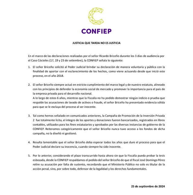 Comunicado de la Confiep. Foto: x/CONFIEP   