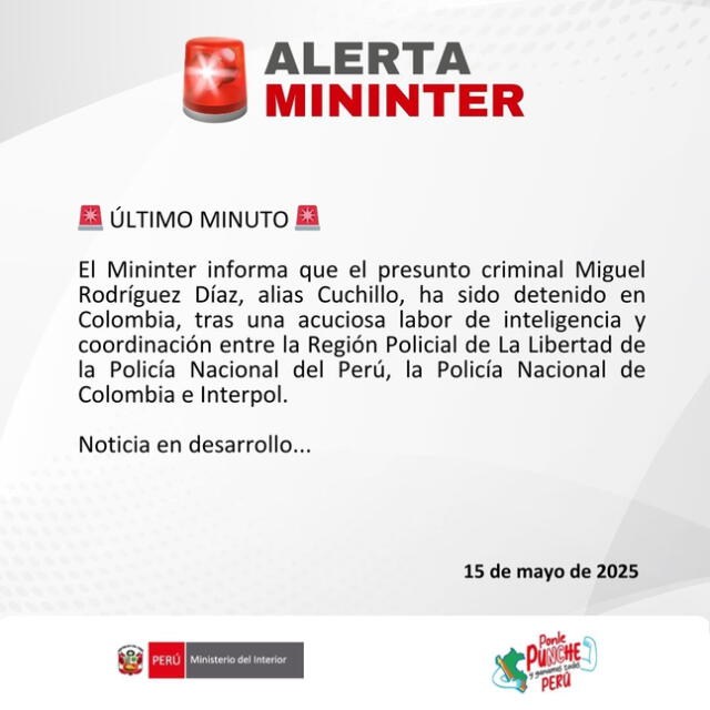 Comunicado del Ministerio del Interior. Foto: Mininter Comunicado del Ministerio del Interior. Foto: Mininter