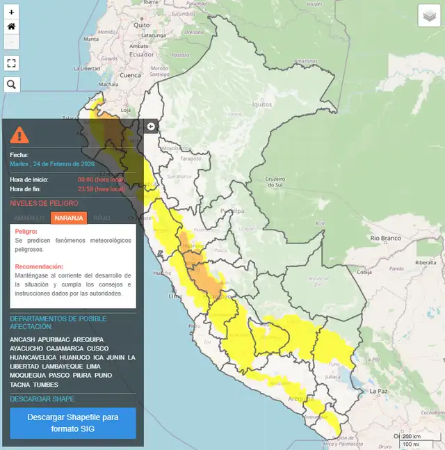  Aviso meteorológico confirma que precipitaciones continuará hasta el miércoles 25 de febrero en la sierra y costa norte. Foto: Senamhi   