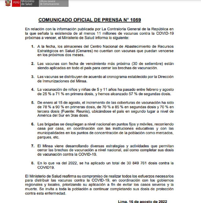 Comunicado del Minsa. Foto: captura