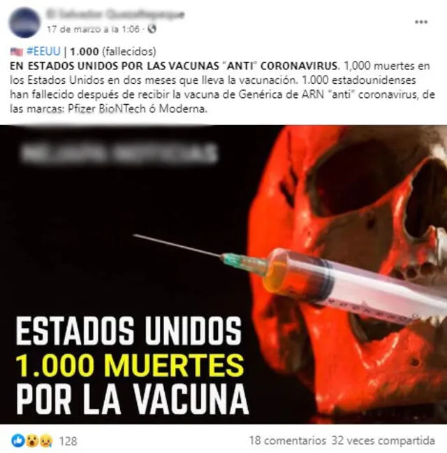 Post anuncia que en Estados Unidos fallecieron 1.000 personas por las vacunas. Foto: captura en Facebook.