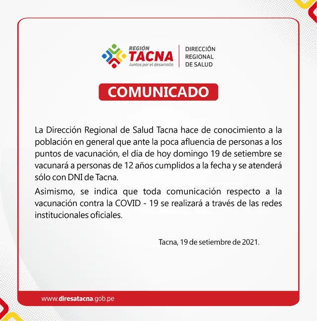 Comunicado de la Dirección de Salud de Tacna, emitido este domingo.