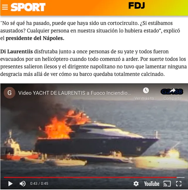 En el la nota informativa de Sport se puede observar un video del yate en el que se encontraba Aurelio Di Laurentiis. Fuente: Captura LR, Sport.