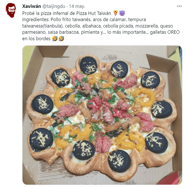Usuarios quedan impactados al ver inusual pizza con galletas de Oreo, pollo y calamar