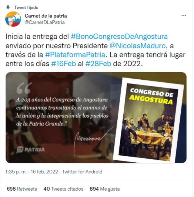 Gobierno de Nicolás Maduro inició la entrega de Bono Congreso de Angostura  2022. Foto: captura Twitter